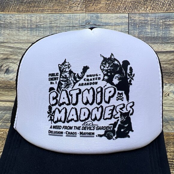 Catnip Madness Unisex Trucker Hat Black Snapback Funny Cat Shirt Meme Ball Cap - Picture 2 of 4